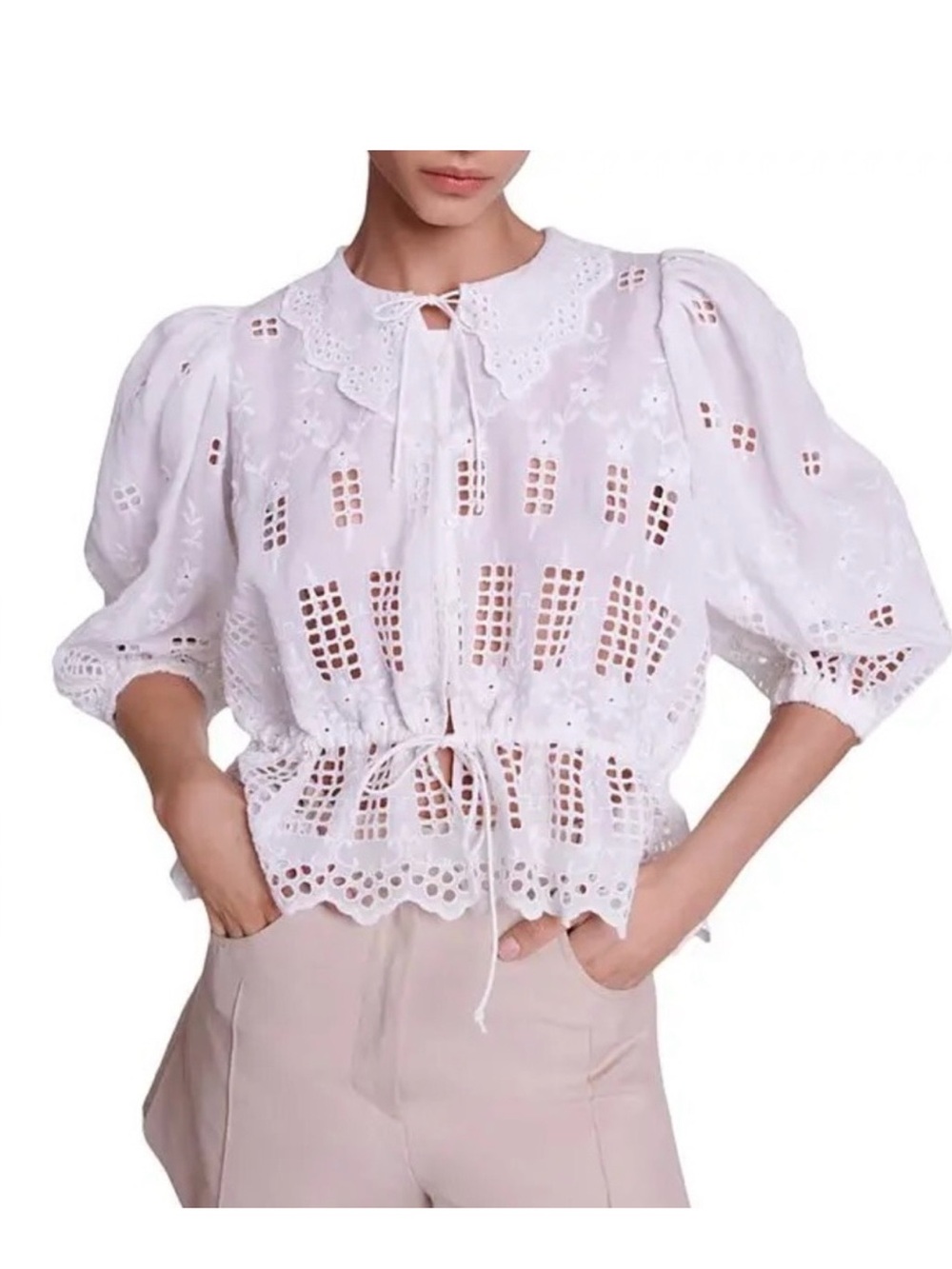 Maje White Eyelet Lace Peasant Blouse - Women's Top